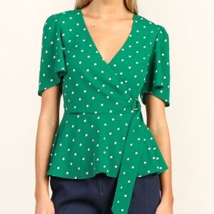 NWT Skies Are Blue Green Polka Dot Peplum Wrap Top